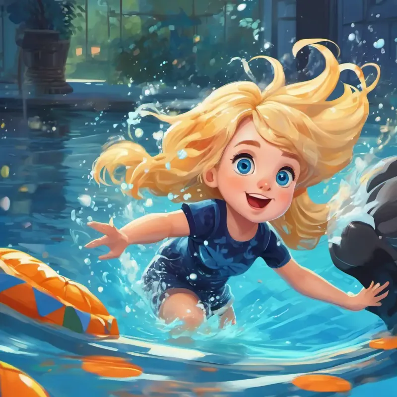 A curious girl with blonde hair and bright blue eyes, a curious girl with blonde hair and bright blue eyes, can't resist jumping into the pool, making a big splash.