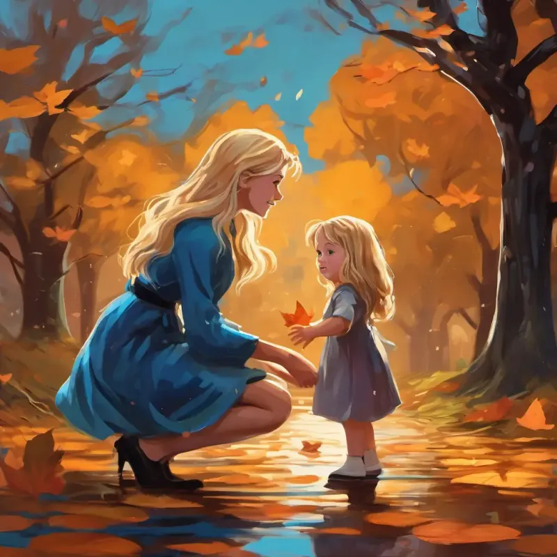 A curious girl with blonde hair and bright blue eyes slips on a wet surface, but A loving mommy with long brown hair, with her caring nature, rushes to catch her daughter and make sure she's safe.