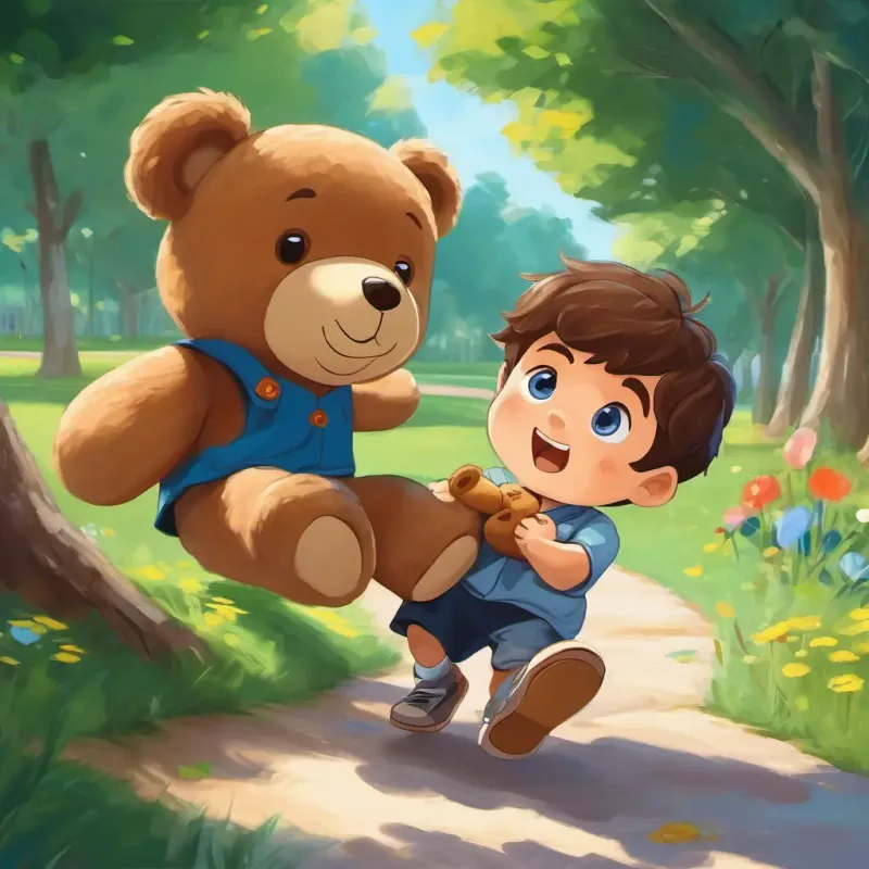 A little boy with brown hair and blue eyes playing at the park, dropping his teddy bear