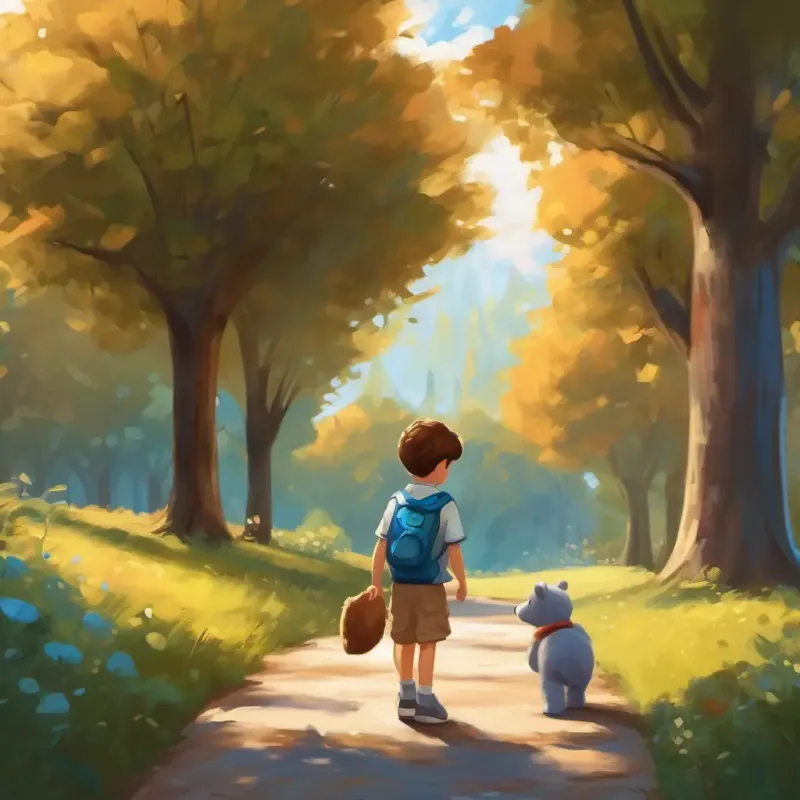 A little boy with brown hair and blue eyes searching for his teddy bear at the park