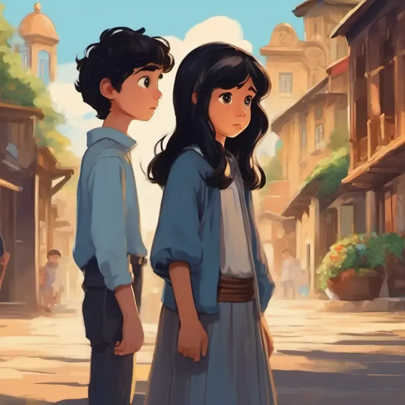 A kind girl with black hair and brown eyes noticing A little boy with brown hair and blue eyes's sadness and suggesting an idea