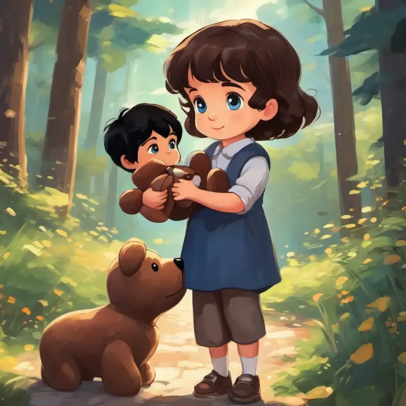 A little boy with brown hair and blue eyes finding his teddy bear with A kind girl with black hair and brown eyes's help