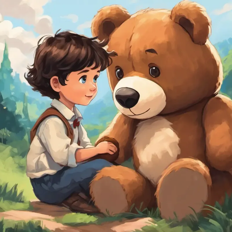 A little boy with brown hair and blue eyes learning the importance of his teddy bear and becoming friends with A kind girl with black hair and brown eyes
