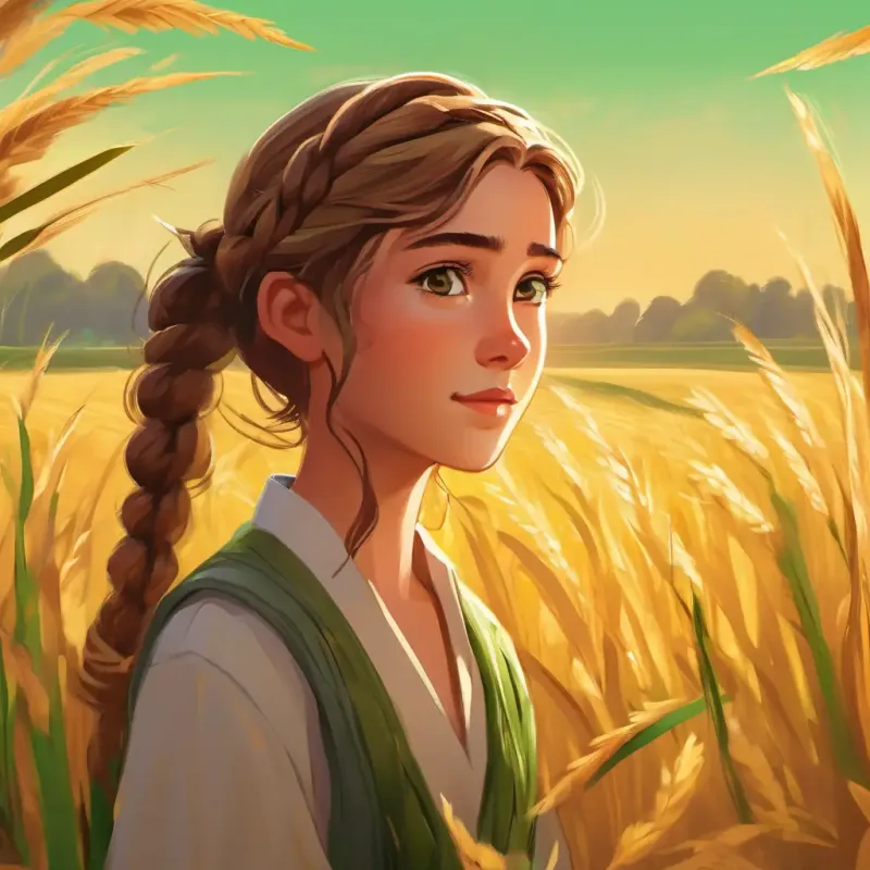 Short, sandy hair, playful green eyes, spirited character and Tall, brown braids, big brown eyes, thoughtful demeanor play, unaware of danger, amidst golden fields.