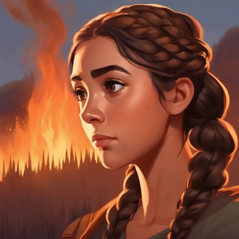 Tall, brown braids, big brown eyes, thoughtful demeanor spots smoke, indicating a wildfire, fear arises.