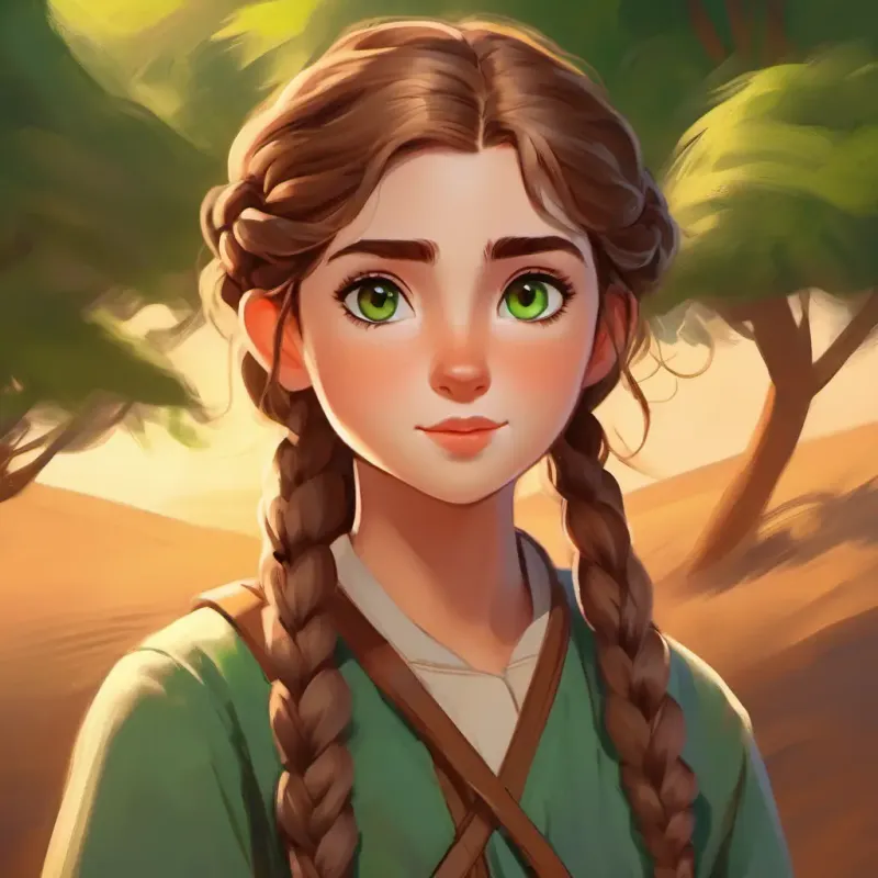 Tall, brown braids, big brown eyes, thoughtful demeanor trips, highlighting urgency, Short, sandy hair, playful green eyes, spirited character helps her up.