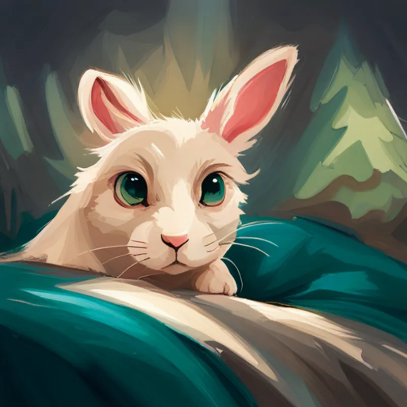 Weißes Kaninchen mit rosa Ohren und blauem Schlafanzug im Bett, Augen weit offen