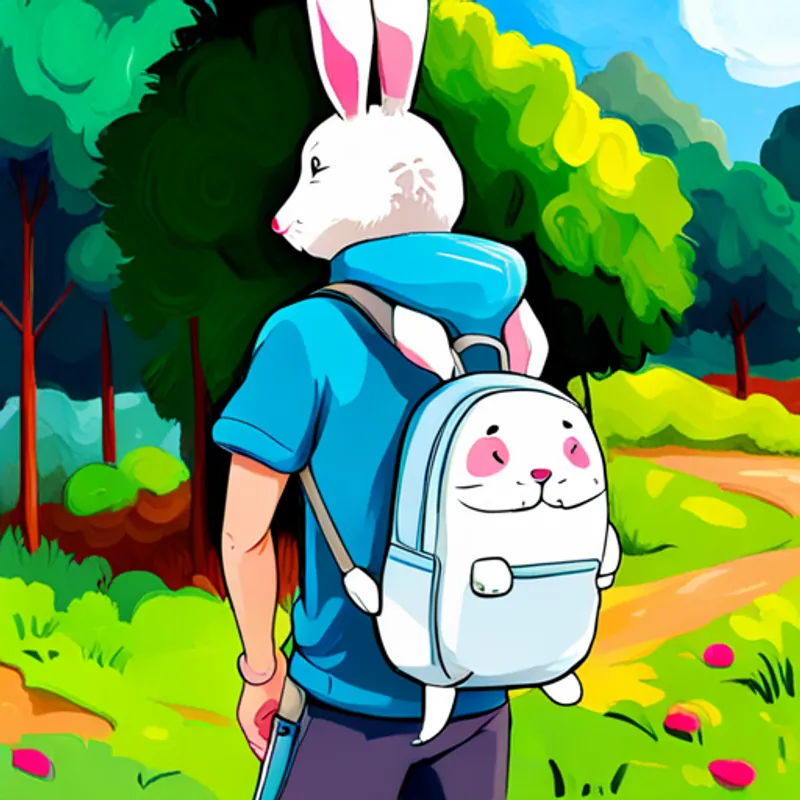 Weißes Kaninchen mit rosa Ohren und blauem Schlafanzug mit Rucksack und Kompass