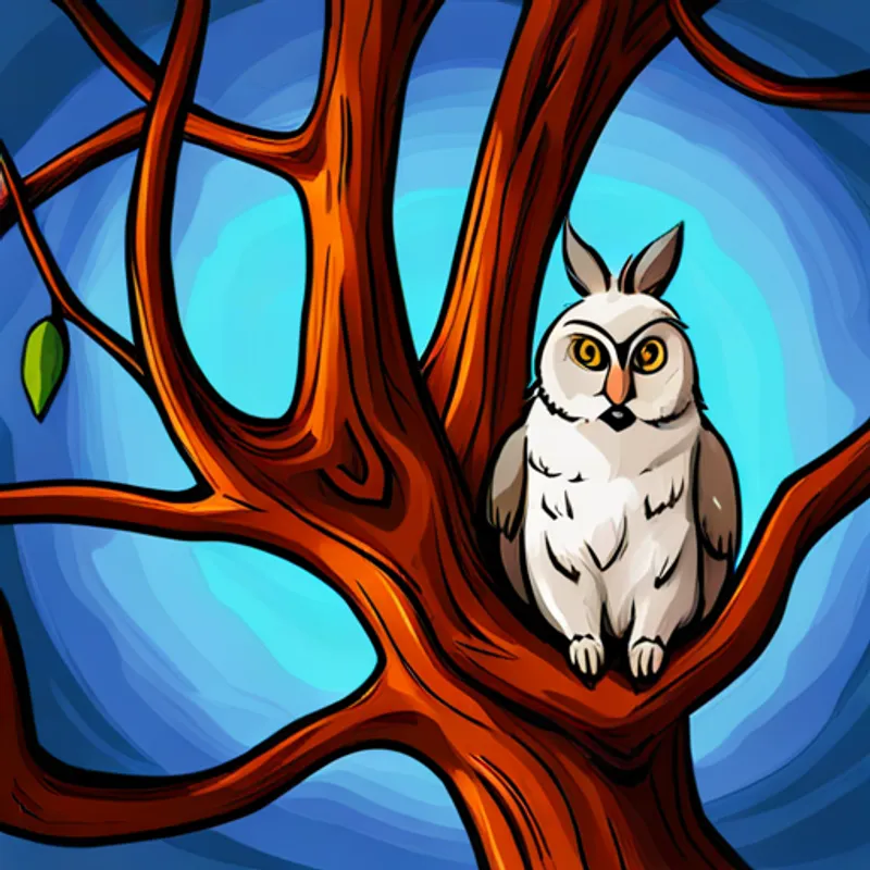 Buntes Kaninchen trifft auf schlafende Graue und braune Eule mit schläfrigen Augen im Baum