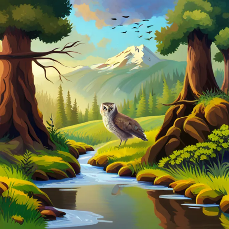 Kaninchen und Graue und braune Eule mit schläfrigen Augen neben einem ruhigen Fluss