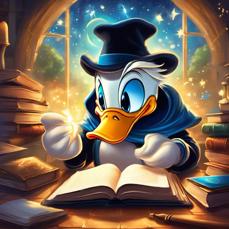 Donald Duck lived with his parents. He was known for his short temper but had a heart of gold. One day, he found an old spell book and tried to cast a spell, but the magical words jumbled and a cloud of sparkles engulfed the area.