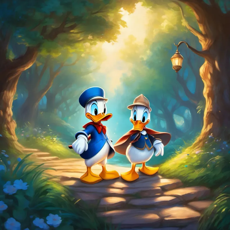Donald duck and Luna embark on a quest, overcoming obstacles with bravery and magical energy.