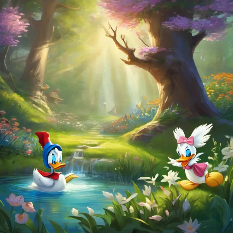 Donald duck, and the fairies arrived at the Hidden Meadow, where they found the Enchantment Lily. Donald penned a heartfelt apology and waved the lily over Whiskers, who transformed back into a wise rabbit wizard. Whiskers expressed gratitude for their bravery, kindness, and friendship.