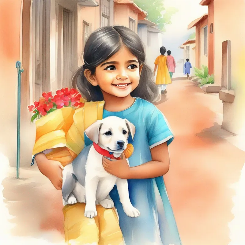 Aaradhya: kind-hearted and helpful, colors: warm and cheerful rescuing a stray puppy, colors: compassionate and caring