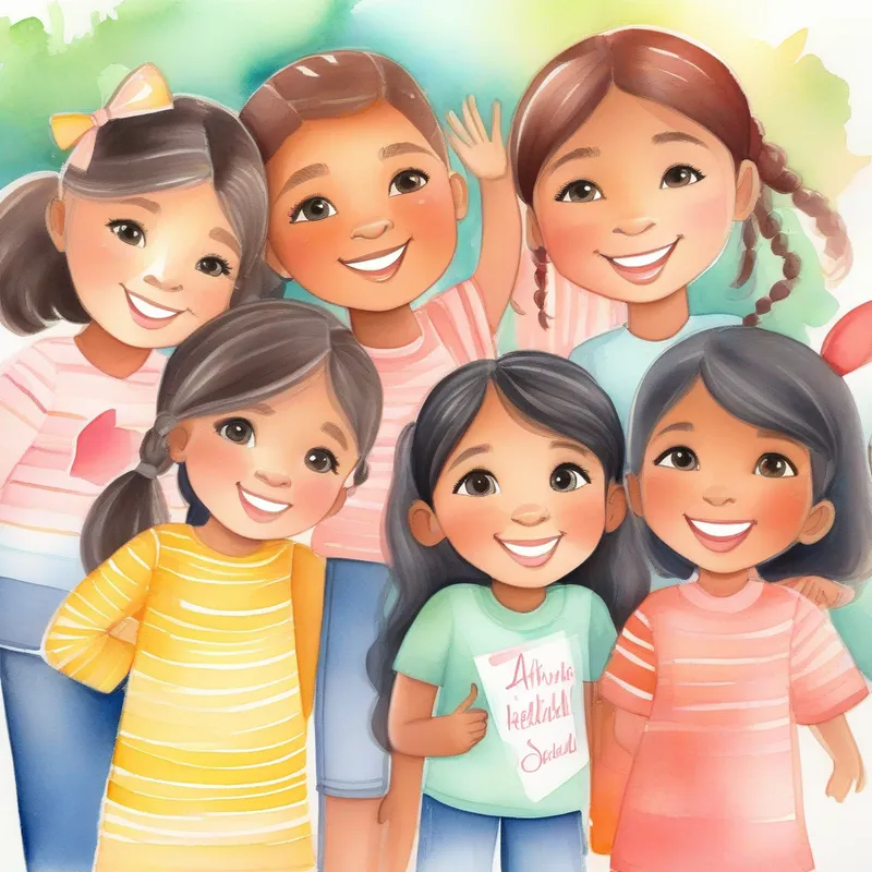 Aaradhya: kind-hearted and helpful, colors: warm and cheerful and her friends forming 'The Kindness Squad,' colors: confident and empowering