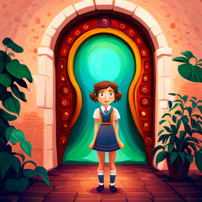 Uma menina com cabelos loiros e olhos curiosos. standing amazed in front of a colorful portal