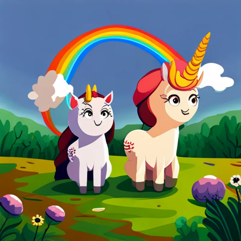 Uma menina com cabelos loiros e olhos curiosos. and Um unicórnio fofo com uma crina colorida. playing together, surrounded by rainbows