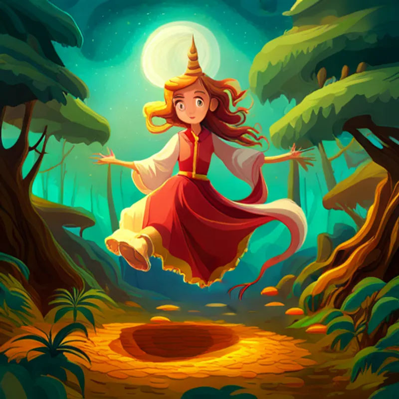Uma menina com cabelos loiros e olhos curiosos. and Um unicórnio fofo com uma crina colorida. riding a flying carpet in a magical forest