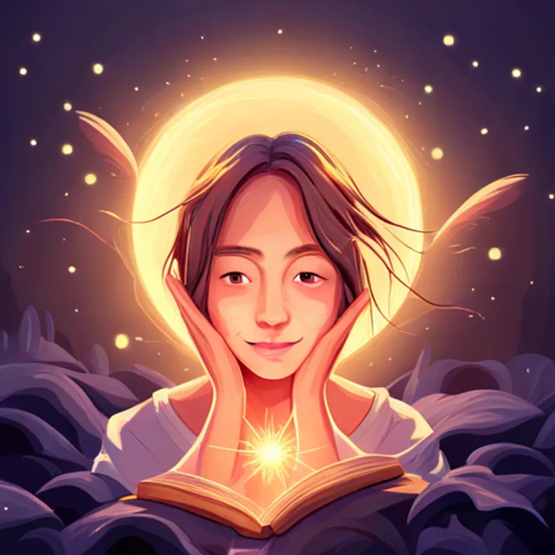 Uma menina com cabelos loiros e olhos curiosos. surrounded by happy glowing fairies