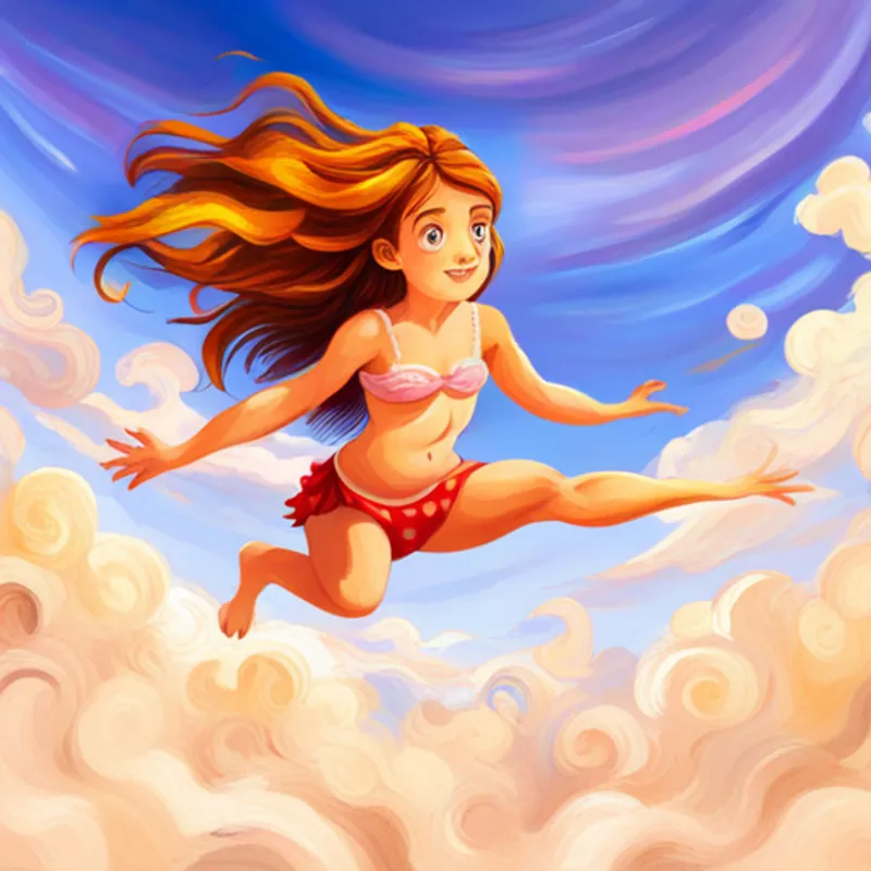 Uma menina com cabelos loiros e olhos curiosos. jumping on fluffy clouds and swimming with mermaids