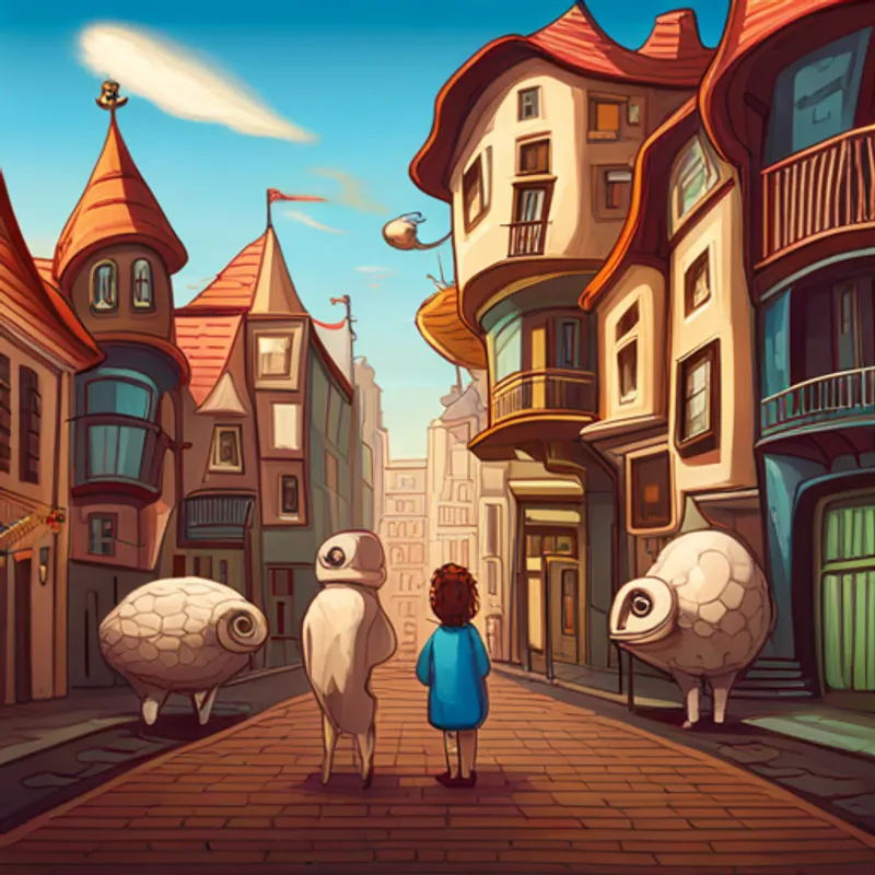 Uma menina com cabelos loiros e olhos curiosos. with talking animals, building a magical city together