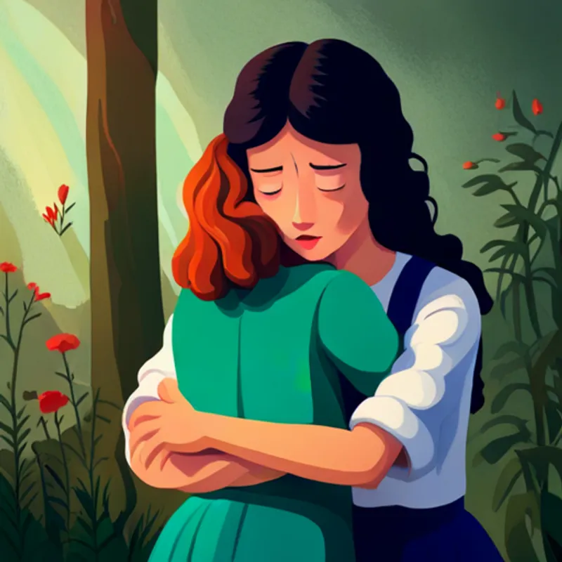 Uma menina com cabelos loiros e olhos curiosos. hugging her friends goodbye, looking sad