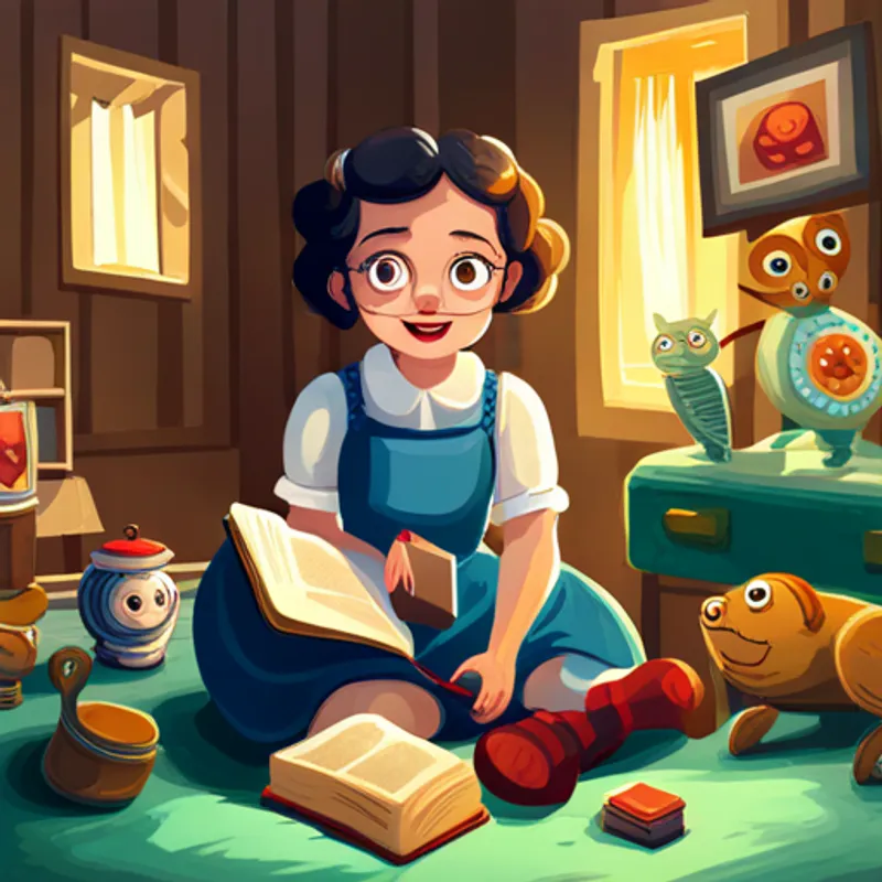 Uma menina com cabelos loiros e olhos curiosos. smiling with a book in her hands, surrounded by her toys