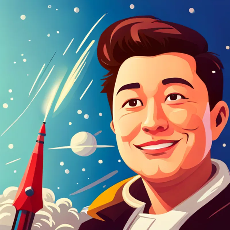 Elon holding a model rocket, his face beaming with joy