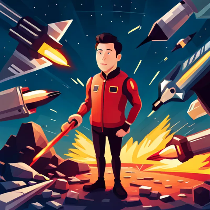 Elon surrounded by tools and parts, building a rocket