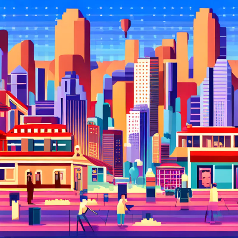 City of Neon Dreams with colorful buildings and people