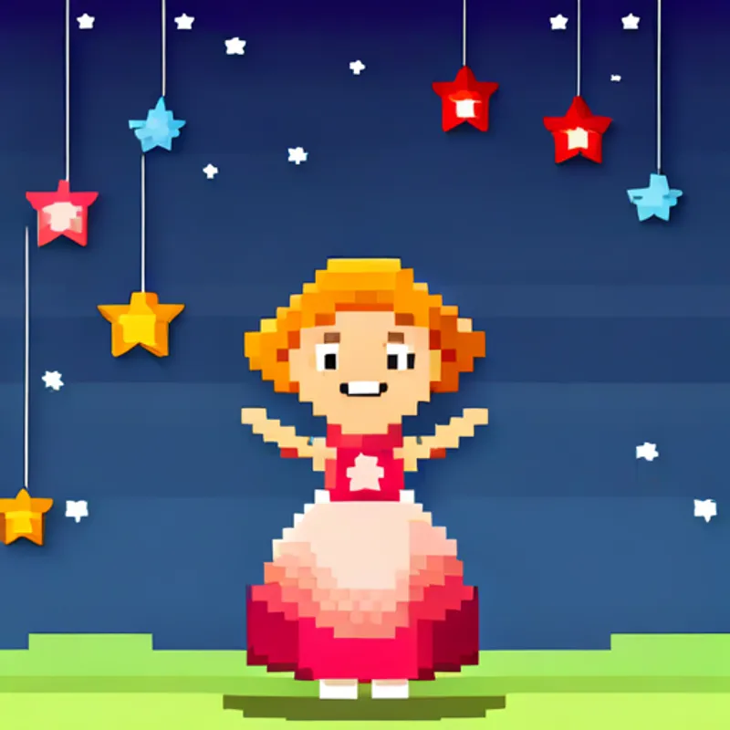 Happy girl with colorful dress and a smile finding a shiny necklace with stars