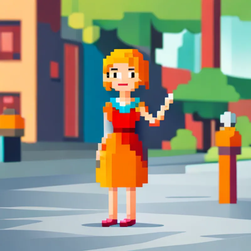 Happy girl with colorful dress and a smile asking people in the city about the necklace