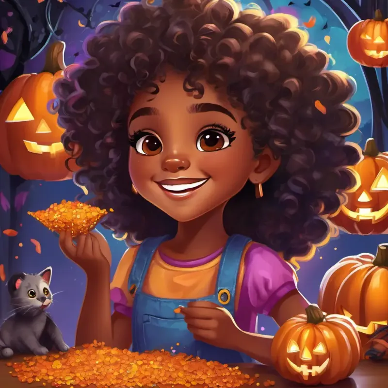 A happy African American girl with curly hair,  vibrant brown eyes 10 words max and her family are busy creating her perfect costume, using sparkly fabric, sequins, and other colorful materials. They are smiling and working together with much excitement.