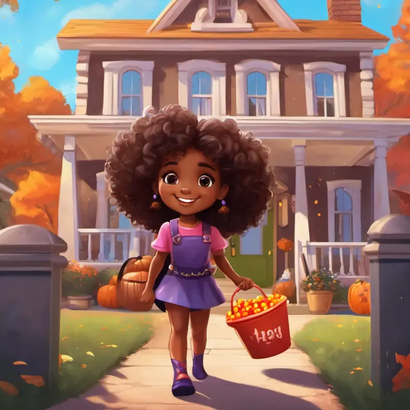 A happy African American girl with curly hair,  vibrant brown eyes 10 words max, wearing her magical superhero princess costume, is standing outside a house, knocking on the door. Her parents are standing close to her, holding buckets for candy.