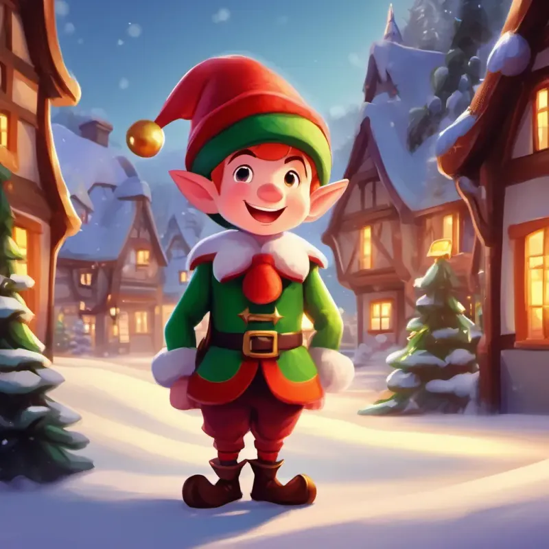 Introduction to the main character, A mischievous Christmas elf with rosy cheeks, pointy ears, and a jingly hat the Christmas elf, and the setting, a cozy village.