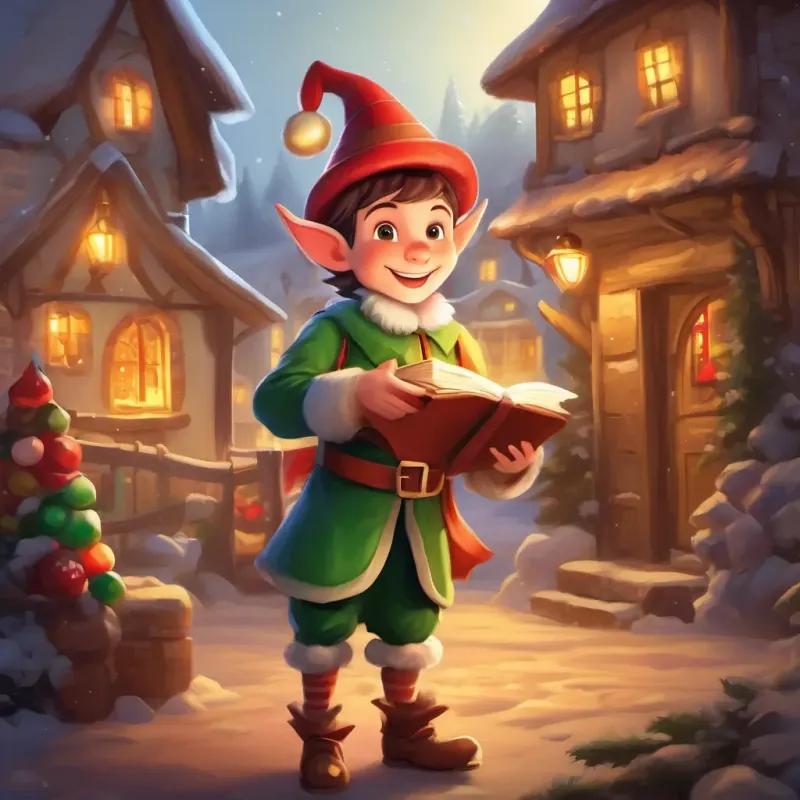 A mischievous Christmas elf with rosy cheeks, pointy ears, and a jingly hat's plan to spread joy to the children in the village by delivering magical toys.