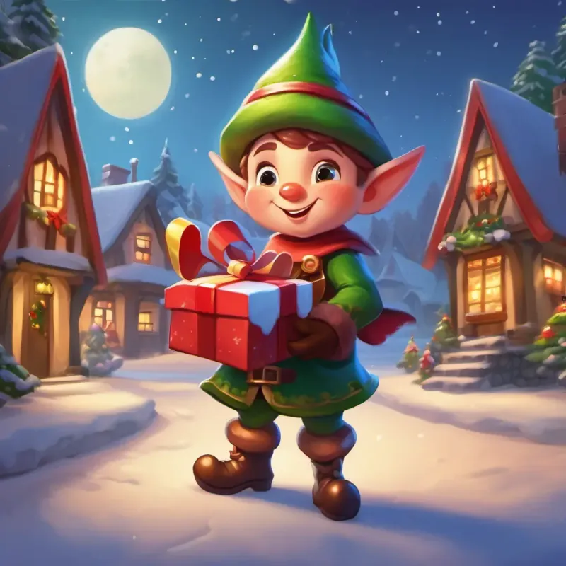 A mischievous Christmas elf with rosy cheeks, pointy ears, and a jingly hat's mishap in delivering the toys, creating a commotion in the village.