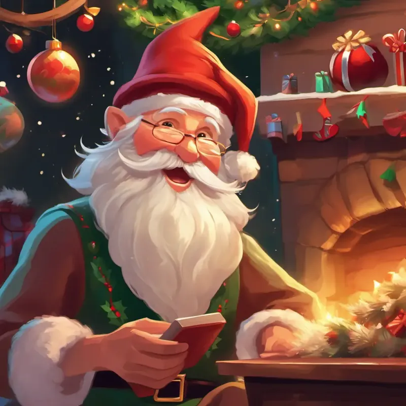A jolly old man with a twinkle in his eye and a big, fluffy white beard's appearance, expressing amusement at A mischievous Christmas elf with rosy cheeks, pointy ears, and a jingly hat's mishap and praising his good intentions.