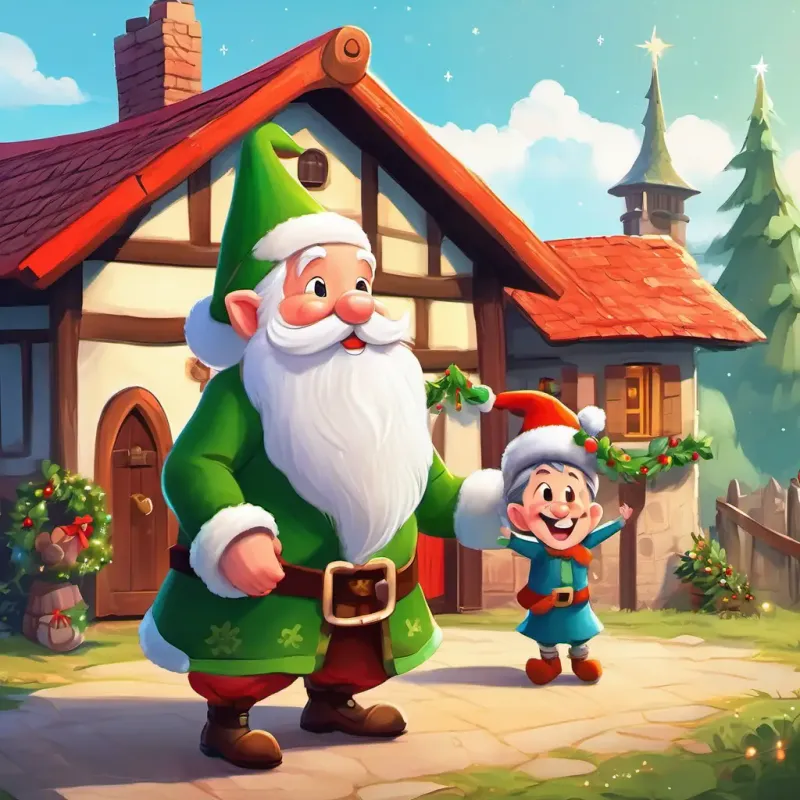 A jolly old man with a twinkle in his eye and a big, fluffy white beard and A mischievous Christmas elf with rosy cheeks, pointy ears, and a jingly hat working together to bring joy to the village, creating a heartwarming atmosphere.