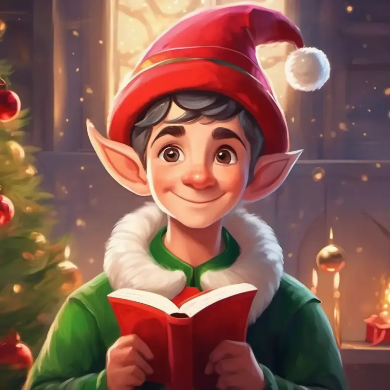 A mischievous Christmas elf with rosy cheeks, pointy ears, and a jingly hat's realization about the true magic of Christmas and the importance of love and happiness.