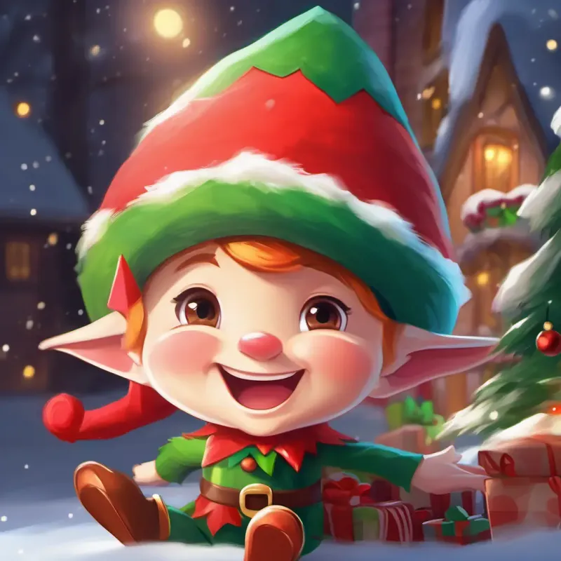 A mischievous Christmas elf with rosy cheeks, pointy ears, and a jingly hat's role as the playful and mischievous elf, bringing joy and laughter to everyone, and celebrating the true spirit of Christmas.