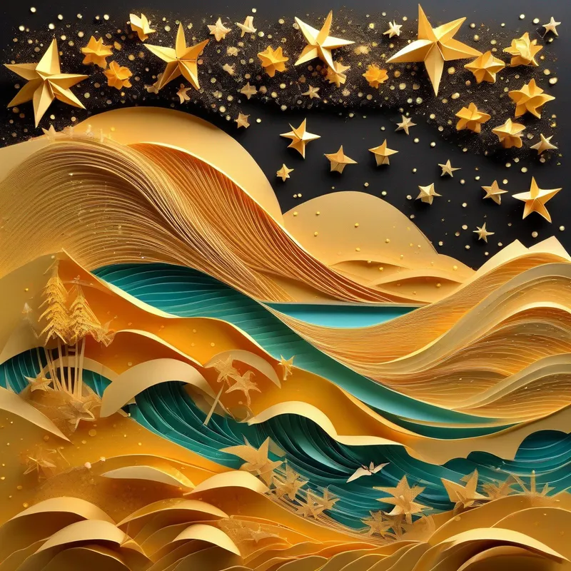 Beach, golden sand, crashing waves, bonfire, stars