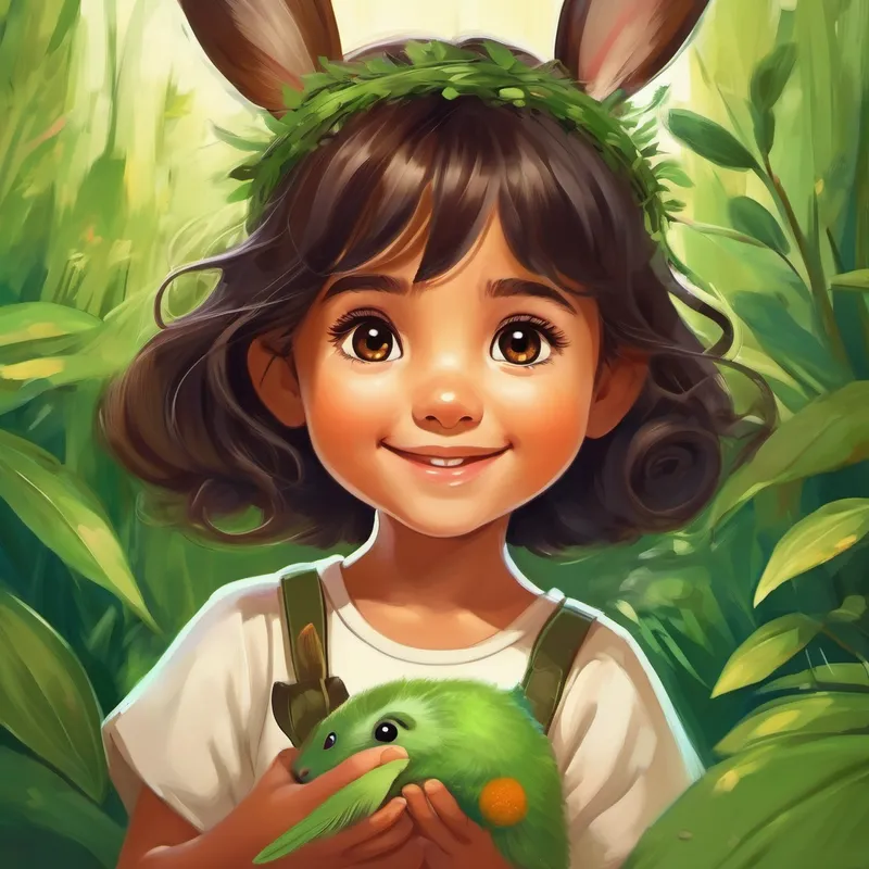 Niña con cabello castaño y ojos brillantes Piel morena y sonrisa amigable camina por los campos verdes con un conejo blanco a su lado.