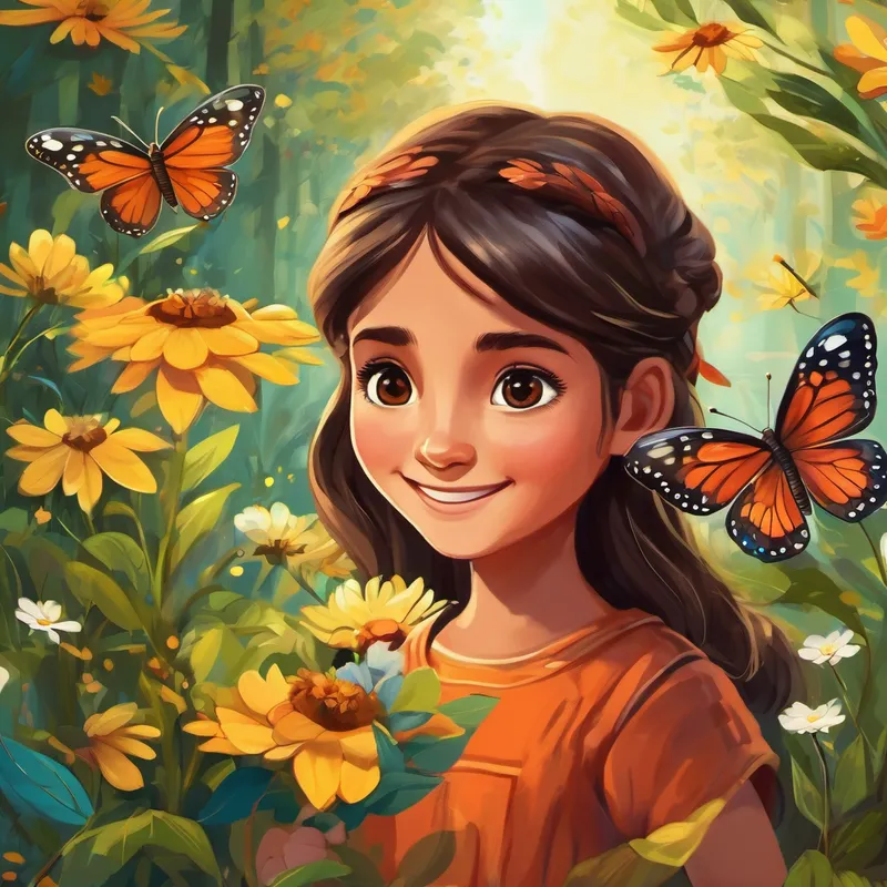Niña con cabello castaño y ojos brillantes Piel morena y sonrisa amigable está rodeada de árboles, flores y cultivos. Puedes ver a animales como pájaros y mariposas volando alrededor.