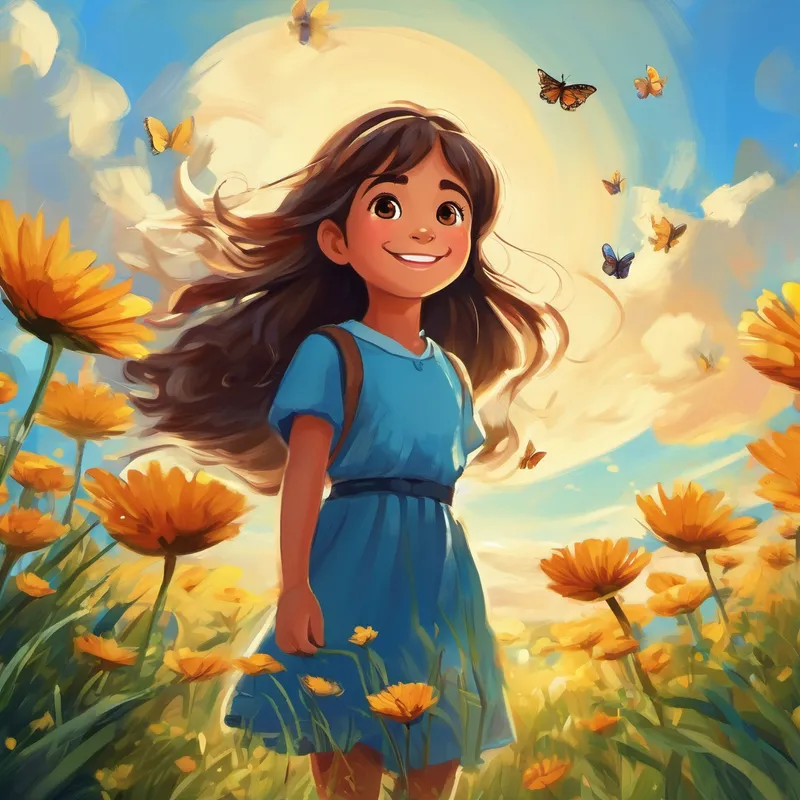 Niña con cabello castaño y ojos brillantes Piel morena y sonrisa amigable está acostada en el césped, mirando al cielo azul. Hay mariposas volando alrededor de ella.