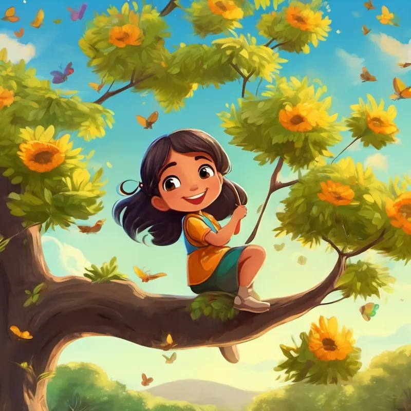 Niña con cabello castaño y ojos brillantes Piel morena y sonrisa amigable está plantando un árbol en el campo. Puedes ver pájaros y mariposas volando a su alrededor.