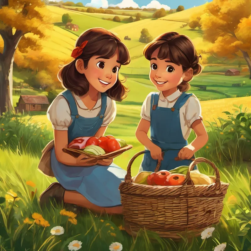 Niña con cabello castaño y ojos brillantes Piel morena y sonrisa amigable está sosteniendo un cartel que dice 'Cuida el Campo' mientras sus amigos y vecinos disfrutan de un picnic en el campo.