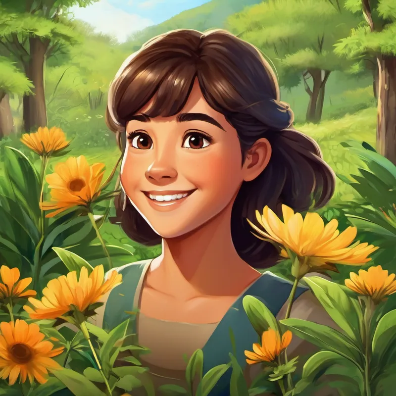 Niña con cabello castaño y ojos brillantes Piel morena y sonrisa amigable y su comunidad plantan árboles y cultivan huertos en el campo. Se puede ver a las personas disfrutando de la naturaleza.