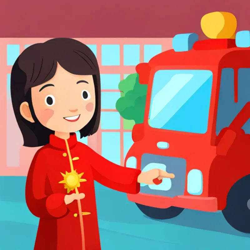 Brave and determined Chinese girl, wearing red clothes smiling, pointing at a toy firetruck