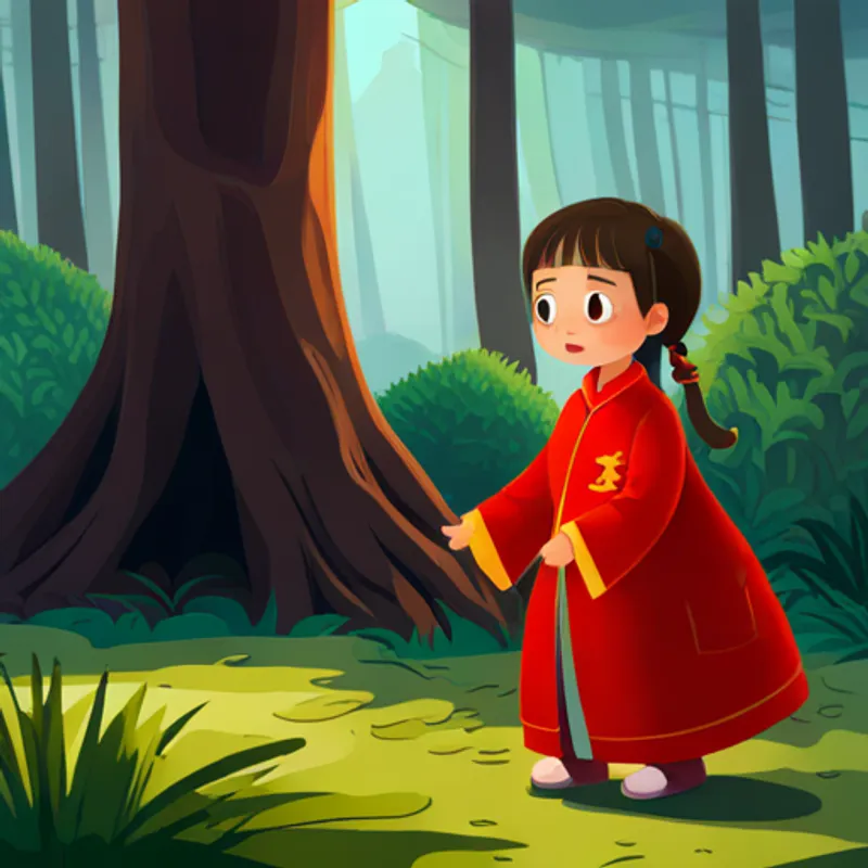 Brave and determined Chinese girl, wearing red clothes looking surprised, pointing at a tree with a cat